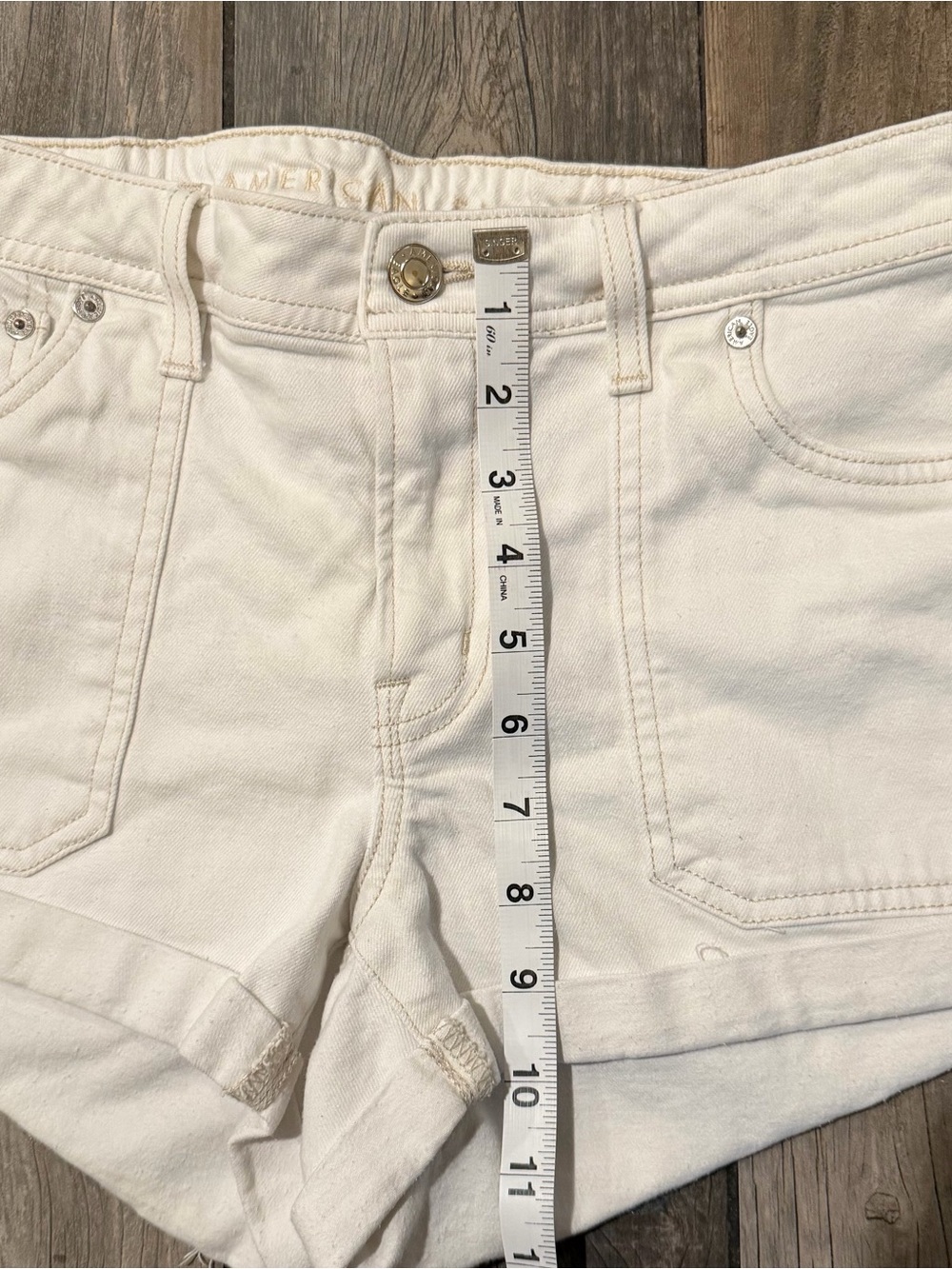 AE White Women's Denim Shorts with Tan Stitching - Picture 4 of 5
